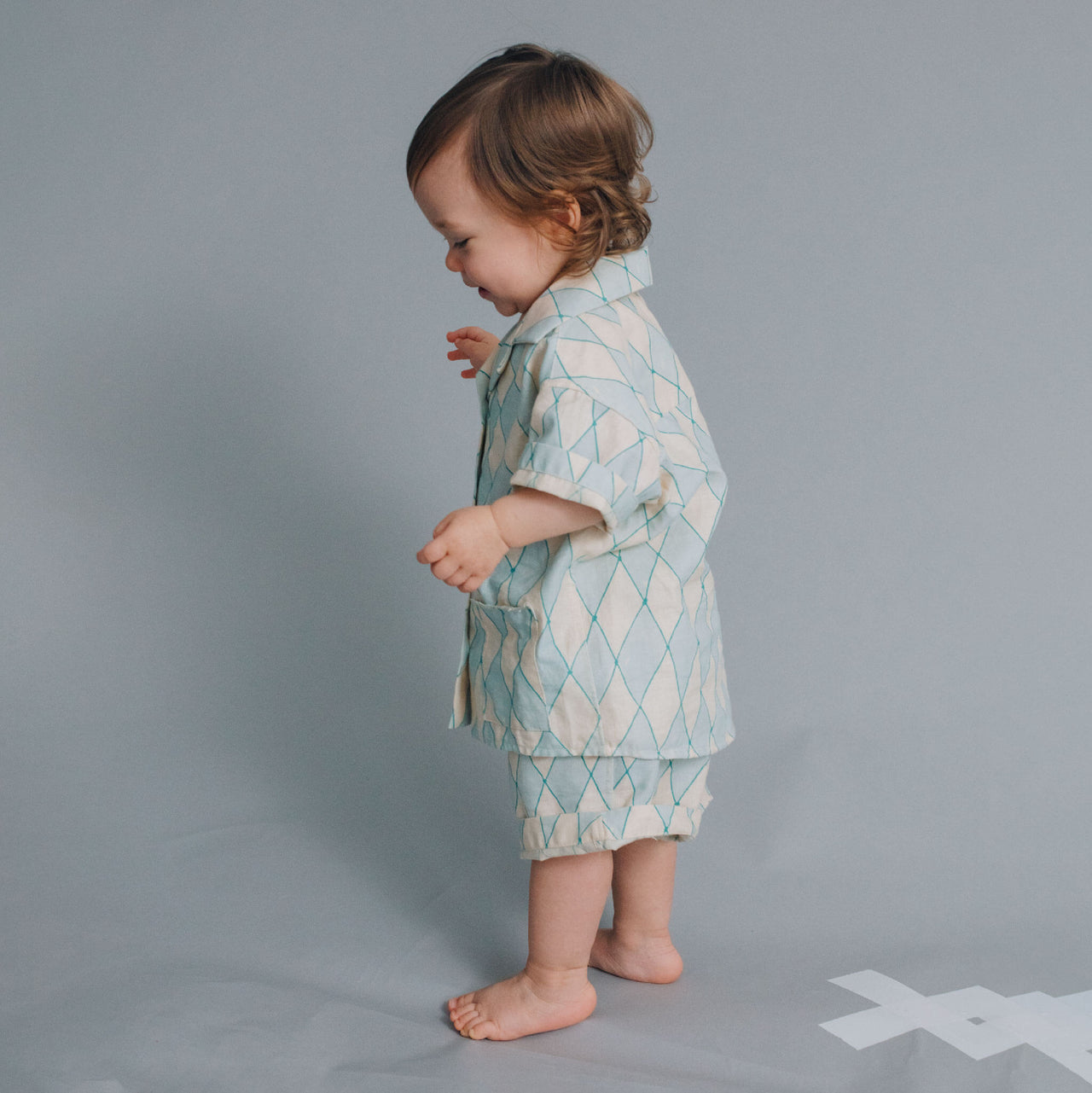 Foal Pelerinage collection harlequin print linen shirt and shorts